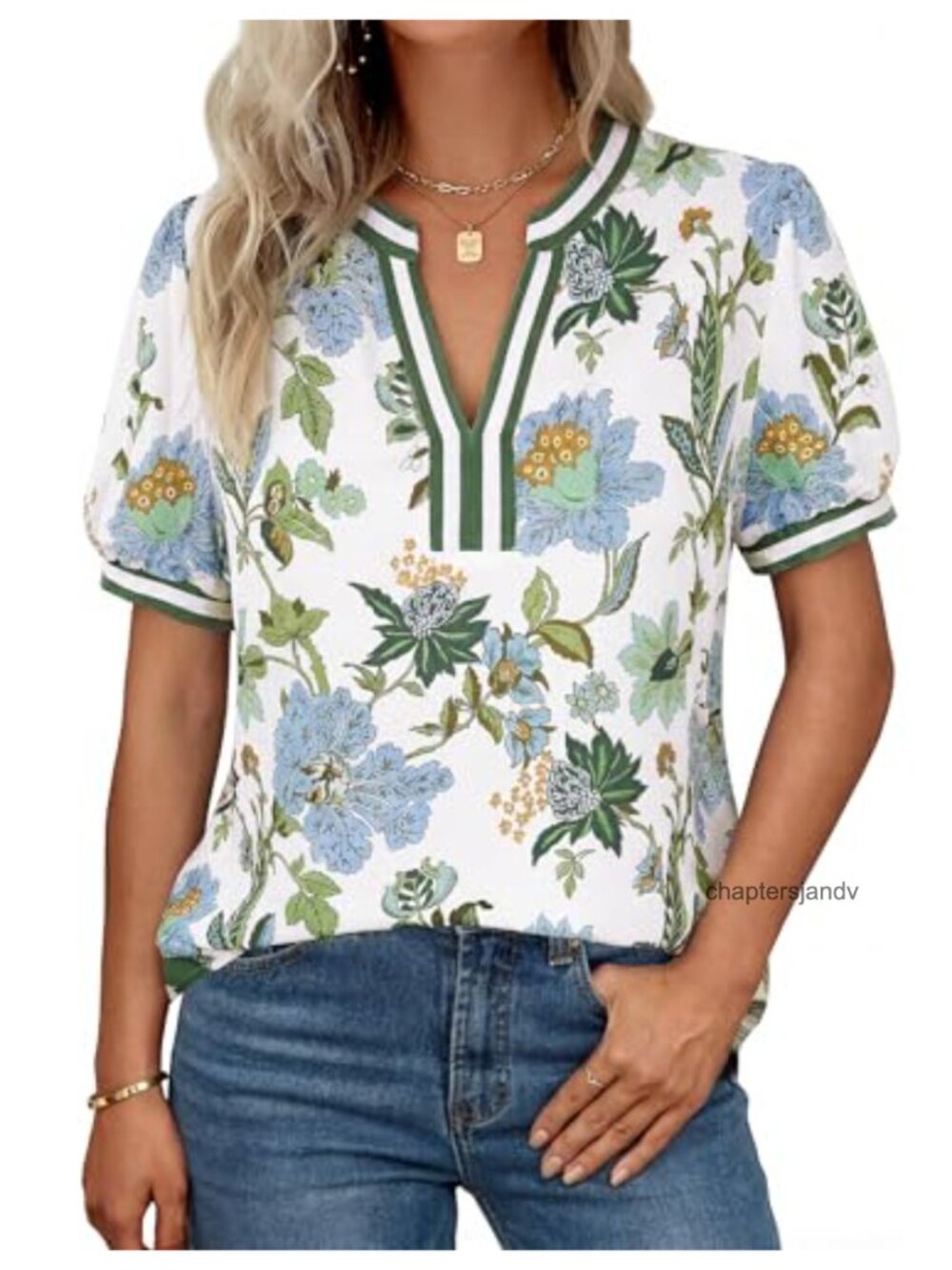 Boho Floral V-Neck T-Shirt Puff Short Sleeve Wrinkle-Resistant Blouse